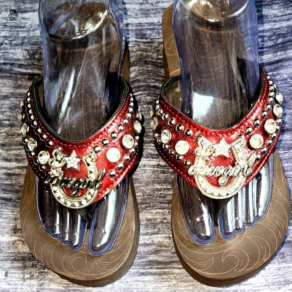 Montana West Shoes - Montana West Brown Wedge Cowgirl Bling Flip Flops Size 8
